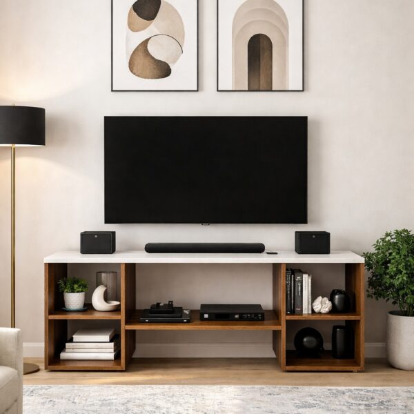 Modern Wooden TV Unit with Storage Shelves – Premium Entertainment Console Table for Living Room (Teak & White Finish)